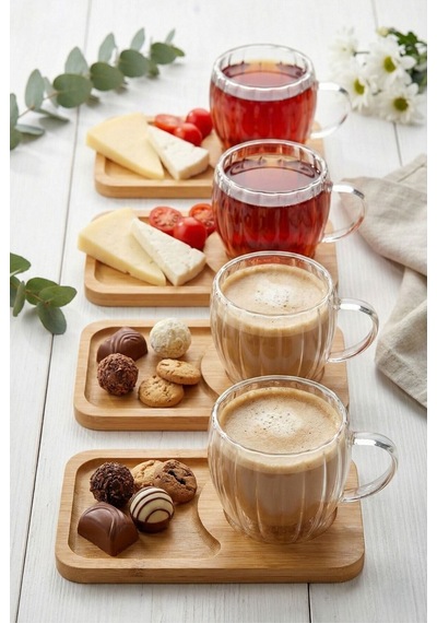 4 Kişilik 8 Parça Çift Cidarlı Bardak Ve Bambu Tabaklı Espresso Çay Kahve Fincan Takımı Şeffat