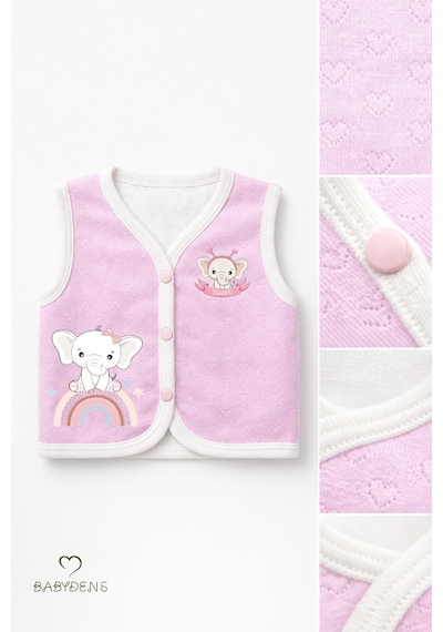 Babyden's 2 Li Kız Bebek Yelek Seti ,jakarlı Kalp Desenli,pamuklu,çıtçıtlı Bebek Yeleği Fil Baskılı,mevsimlik Ekru - Pembe