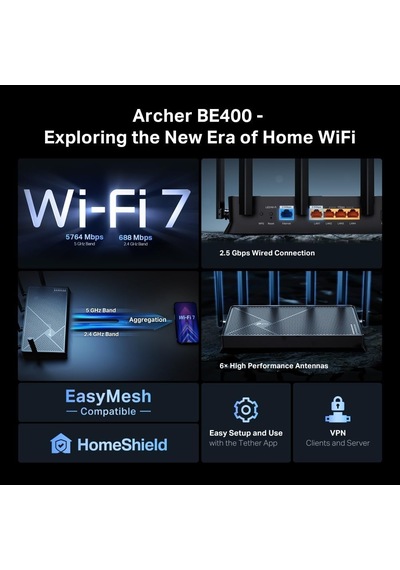 Archer Be400 Dual-band Wi-fi 7 Router Fiber Destekli Be6500 Mbps 1 2.5 Gbps Wan + 1 2.5 Gbps Lan + 3 1 Gbps Port 5ghz Vpn Destekli Easymesh Uyumlu Homeshield