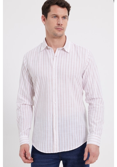 Tudors Erkek Slim Fit Dar Kesim Uzun Kollu %100 Pamuk Keten Doku Çizgili Gömlek-42653 Beyaz