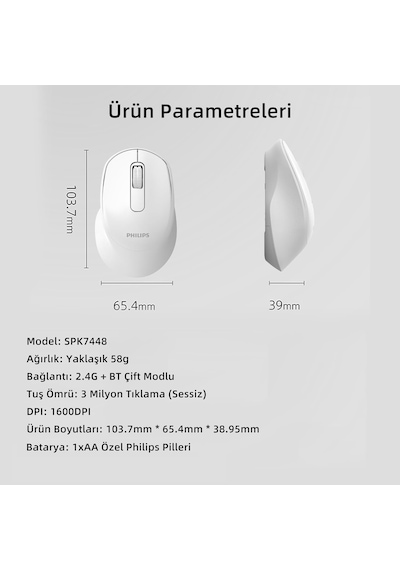 Philips SPK7448 Kablosuz Bluetooth 1600 DPI 4 Tuşlu Optik Mouse