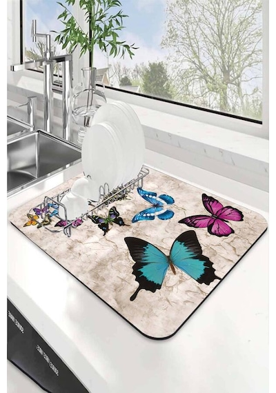 Çok Renkli Kelebekli Microfiber Bulaşık Kurutma Matı Mm027n11