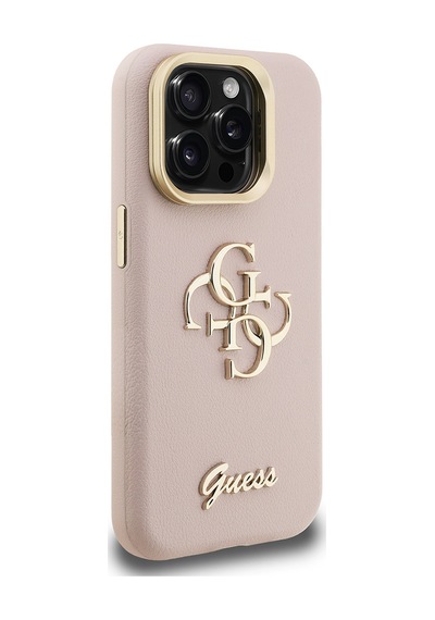 Apple Uyumlu iPhone 15 Pro Max Kılıf Guess Lisanslı Grained Yazı Logolu Kamera Standlı Kapak Pembe