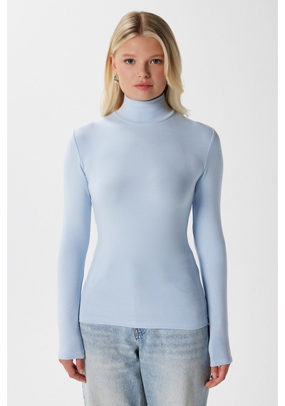 Ritnice Kadın Feel Lux Touch Dik Yaka Mavi Uzun Kol Soft Bluz Mavi
