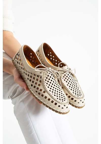 Dabab Shoes Vırena Kadın Bej Hakiki Deri File Bağcıklı Düz Taban Yazlık Babet Loafer Ayakkabı