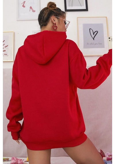 Pamuk Şardonlu Kapüşonlu Sweatshirt Kırmızı