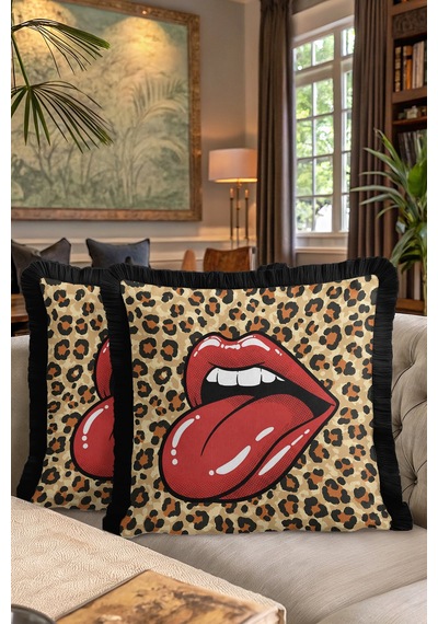 Pop Art Dudak Leopar Desenli Saçaklı Yastık Kılıfı-fenomen Kırmızı Eklektik Püsküllü Kırlent Kılıfı Soft Göl Taş