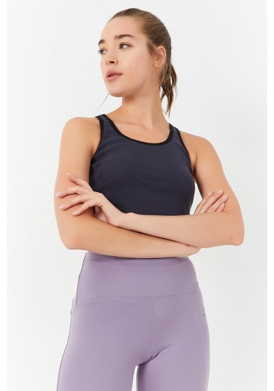 Tommy Life Antrasit Basic Sıfır Kol Dar Kalıp U Yaka Kadın Crop Top Atlet - 97162 Antrasit