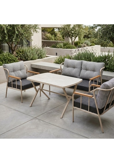 Paris 2+1+1+ 70x120 Traverten Masa Metal Balkon Takımı Keten Dokulu Kumaş Cappuccino Metal - Bahçe Teras Oturma Grubu Gri - Antrasit