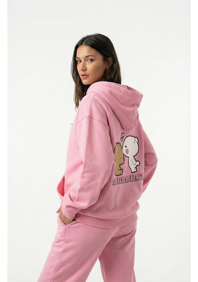 Unisex Oversize Ayıcık Baskılı Çift Hoodie Pembe