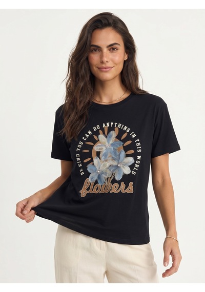Onloox Kadın Siyah Siyah Pamuklu Bisiklet Yaka Basic Form Kabartma Çiçek Aplikeli Yazı Baskılı T-shirt