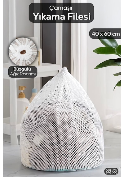 1 Adet İpli Çamaşır Yıkama Filesi - Koruyucu Çamaşır Yıkama Torbası 40x60 Cm Beyaz