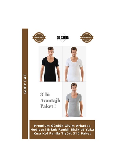 Grey Cat Premium Günlük Giyim Arkadaş Hediyesi Erkek Renkli Bisiklet Yaka Kısa Kol Fanila Tişört 3'lü Paket Çok Renkli