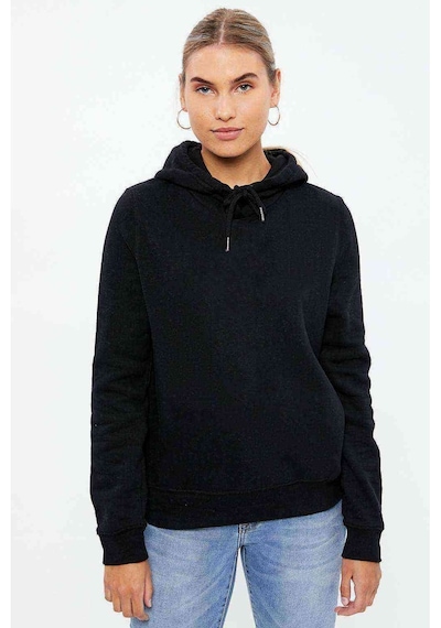 Baskısız Düz Siyah Kadın Kapşonlu Sweatshirt