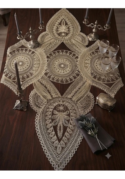 3 Lü Set Hafif Gold Renkli Dantel Detaylı Runner