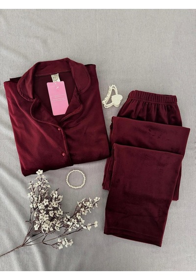 Mh Moony Homewears 2'li Bordo Kyle Gömlek Yumuşacık Kışlık Kadife Pijama Takımı Bordo