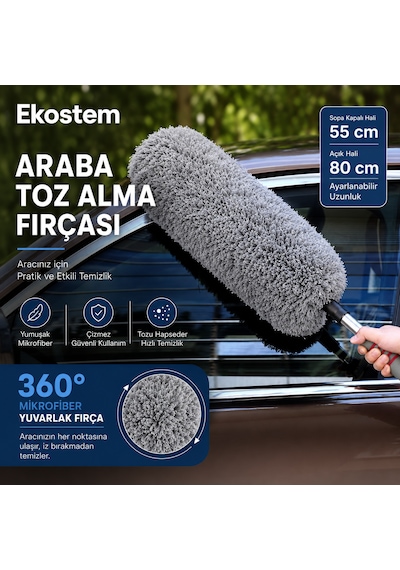 Teleskopik Saplı Araba Temizleme Püskülü Mikrofiber Oto Toz Alma Fırçası
