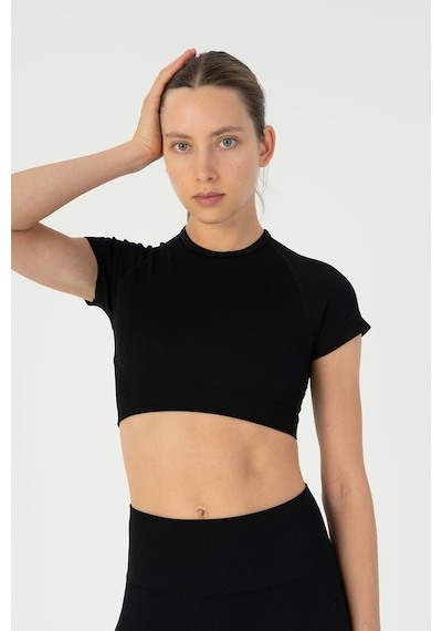 Maraton Slimfit Kadın Bisiklet Yaka Siyah- Crop Top Siyah-