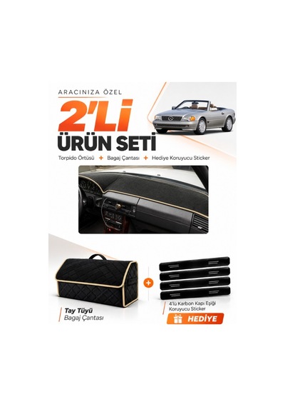 E-biz Mercedes R129 1989-2001 Uyumlu Torpido Örtüsü + Tay Tüyü Bagaj Çantası - Siyah-bej - Mb019