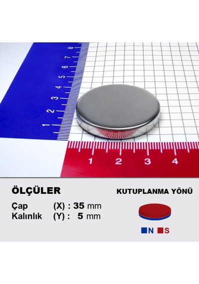 1 Adet Neodyum Mıknatıs Çap: 35mm Kalınlık: 5mm D35x5 Ndfeb Güçlü Mıknatıs Yuvarlak N088
