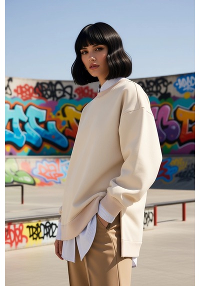 Benerly Kadın Bisiklet Yaka Düşük Kol Oversize Kalın Örme Sweatshirt Fonk Bej