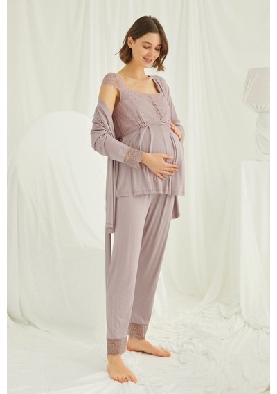 Burdagel Monamise Kadın Vizon Hamile Lohusa Sabahlıklı Pijama Takım 18441