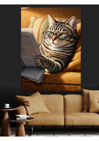 Ahşap Tablo Bıyıklı Kedi Portresi Müzik