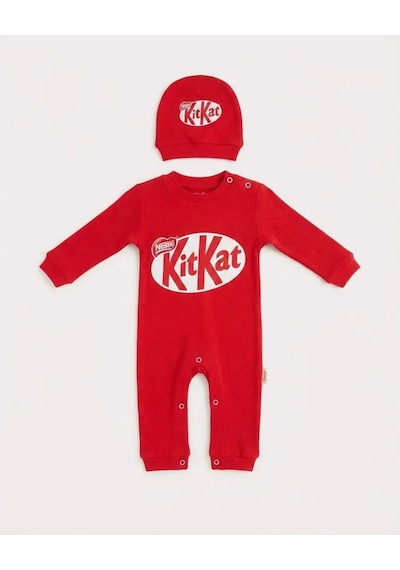 Kitkat Baskılı Unisex Bebe Tulum Kırmızı