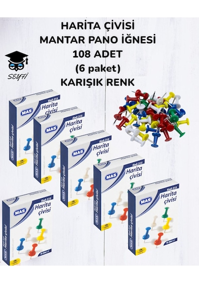 Harita Çivisi Mantar Pano İğnesi 108 Adet 6 Paket Karışık Renk