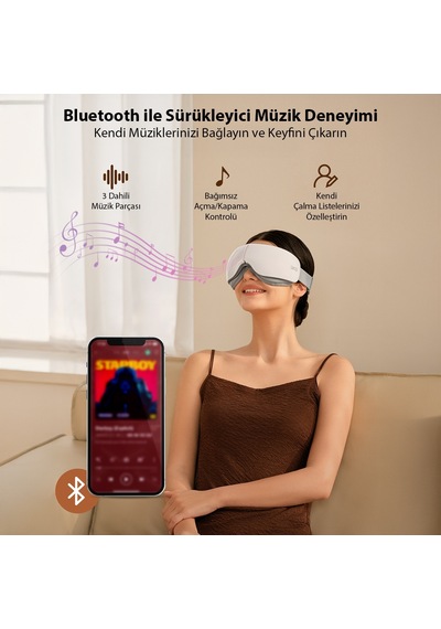 Es500 Göz Masaj Aleti Isı Terapili, Bluetooth Müzikli, Sessiz, Taşınabilir, 1500 Mah, Parlak Beyaz