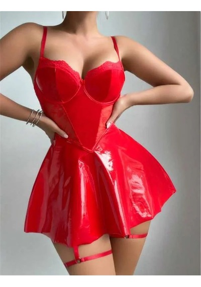 Angbutik Kırmızı Parlak Deri Şık Bacak Bantlı Club Elbise