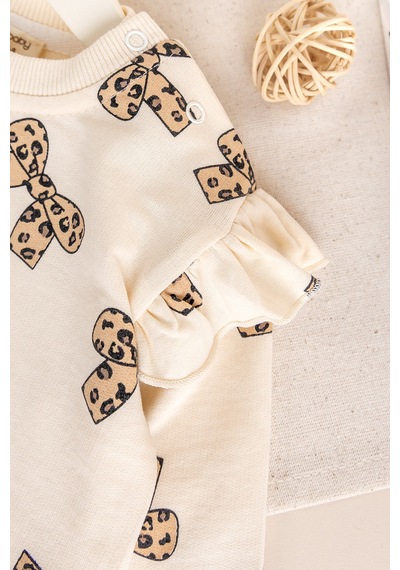 Babymod Fiyonk Baskılı Leopar Desenli İkili Pamuklu Kız Bebek Çocuk Takım Bej