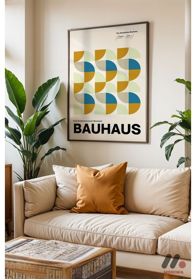 Bauhaus Renkli Yarım Daire, Siyah Çerçeveli Duvar Tablosu - Modern Ev Dekorasyonu