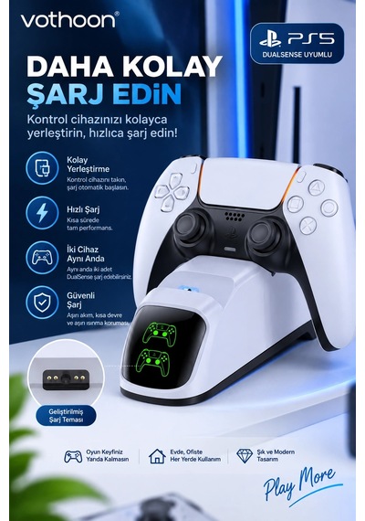 Ps5 Dualsense Uyumlu Çiftli Şarj İstasyonu Hızlı Şarj Standı Led Şarj Göstergeli 1 Adet