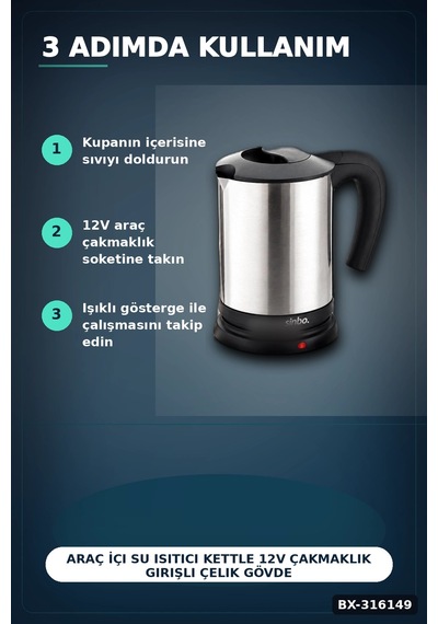 Araç İçi Su Isıtıcı Kettle 12v Çakmaklık Girişli Çelik Gövdeli Termos Kupa Bx-316149