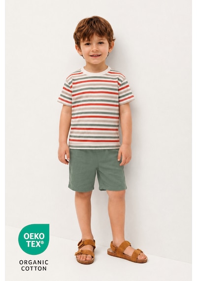 Luppinos Pamuk Çizgi Baskılı Bisiklet Yaka Çift Cepli Bebek-çocuk Tshirt Şort Set Ekru - Yeşil