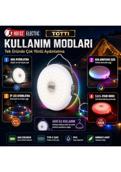 Tottı Led Şarjlı Kamp Lambası 2w Type-c Rgb İp Işıklı S.o.s Modlu