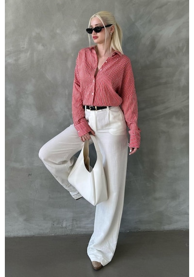 Madmext Kiremit Çizgili Oversize Kadın Gömlek Mg2327 Kiremit