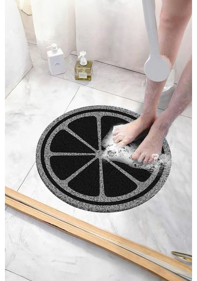 Limon Tasarımlı Yuvarlak Banyo Paspası Kaymaz Paspas Su Emici Islak Zemin Duşa Kabin Paspası 50x50cm Gri