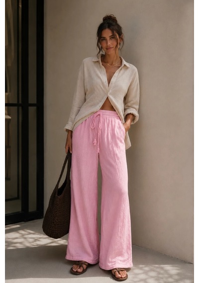 Bbbutikbasic %100 Pamuk Müslin Kumaş Bol Paça Kadın Pantolon My3535 Pembe