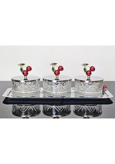 Atabey Home Collection 3'lü Kirazli Gümüş Tepsili Kase Seti & Şekerlik & Sunumluk & Çerezlik