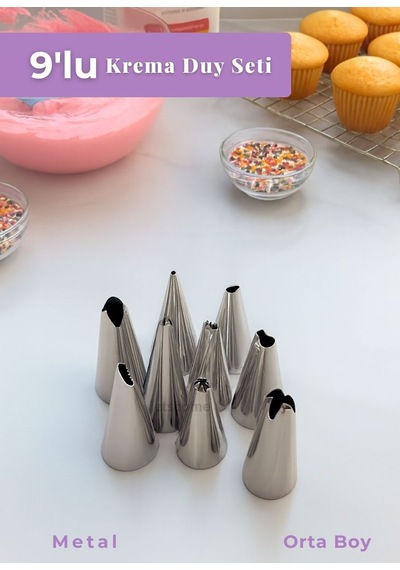 Orta Boy 9 Lu Metal Krema Duy Seti Pasta Duyu Cupcake Ve Kurabiye Krema Duyu Süsleme Metalik Gri
