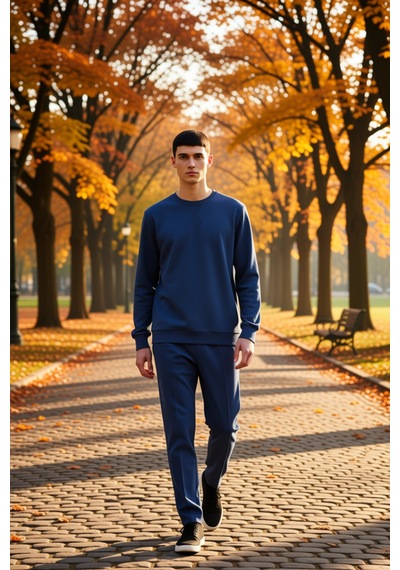 Benerly Erkek Düz Bisiklet Yaka Düşük Kol Uzun Kollu Sweatshirt Fonksiyon Indigo