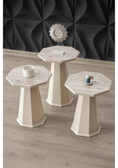 Elegance 3'lü Sehpa, Yan Sehpa, Zigon Sehpa -bej & Soho Bej Renk Desenli Renk Tabla Bej Renk Gövde & Soho Bej Desenli Renk Tabla