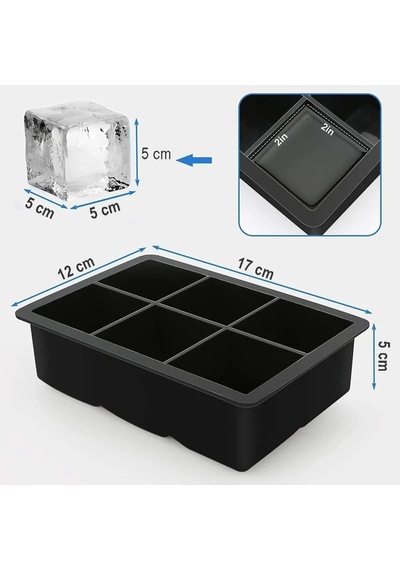 İndecor Houseware Siyah Silikon 6'lı Kare Buz Kalıbı - 6 Bölmeli Buzluk 5cm Dev Buz Küpleri - Sunum Buz Küpü