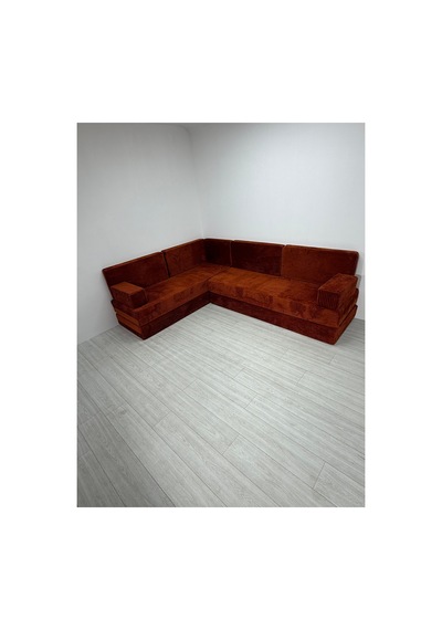 Premium Kadife Kumaş, Konforlu Yer Kanepesi ,modüler Şark Köşesi Takımı - Kiremit - 40 Cm- L Set Turuncu