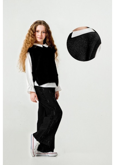 Miniko Kids Kız Çocuk Peluş Süveter Modelli 3lü Pantolonlu Takım Siyah