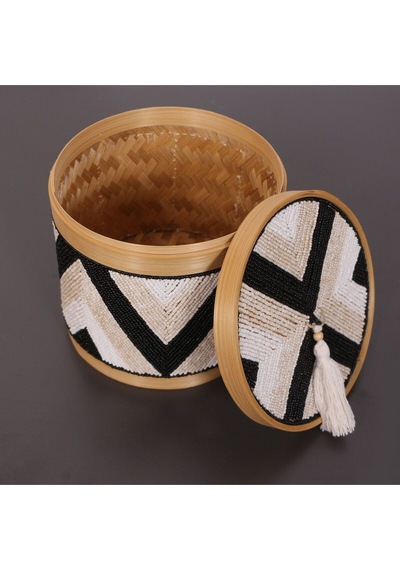Bali Boncuklu Bambu Saklama Kutusu L 20x20 Cm Beyaz