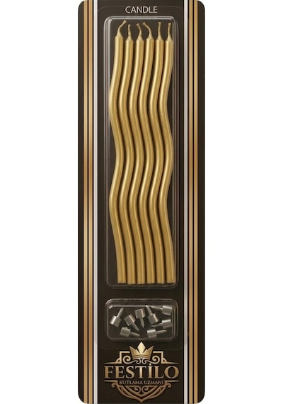 6 Lı Kıvrımlı Mum Gold Pasta Süsü Spiral Mum Pasta Mumları 16 Cm