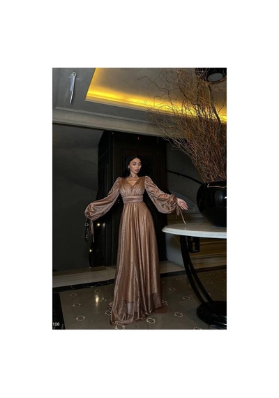 Store Kadın Modern Tasarım Tül Kumaş V Yaka Kemerli Abiye Elbise Vizon - 935898231 Vizon